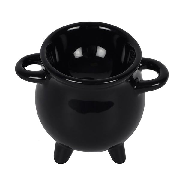 Black cauldron-shaped bowl with handles on a white background