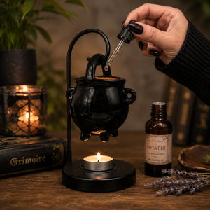 Gothic home accessory featuring a hanging cauldron design