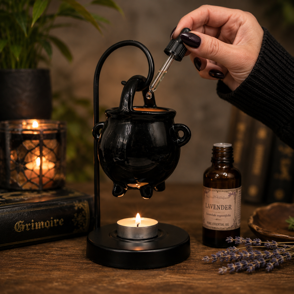 Gothic home accessory featuring a hanging cauldron design