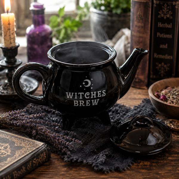 Witches Brew tea pot displayed on a kitchen counter