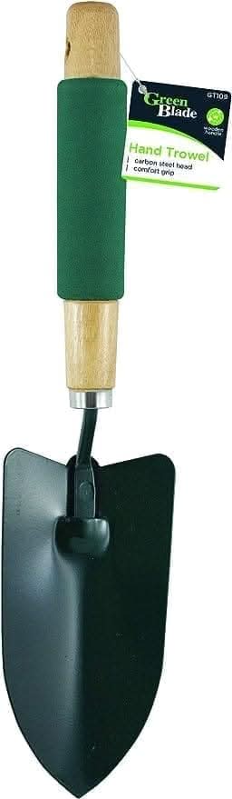 Green blade garden hand trowel with wooden handle