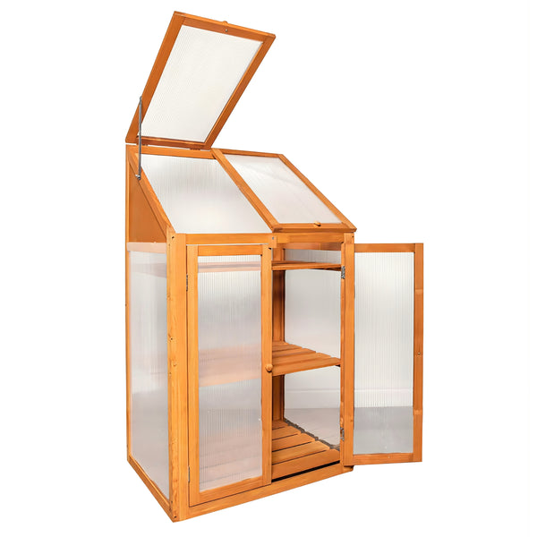 Compact wooden growing house displayed on a patio