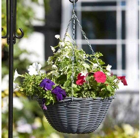 Grey rattan hanging basket garden planter