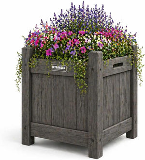 Grey wooden square planter for garden plants