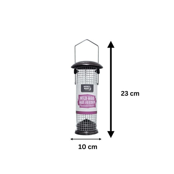Compact metal garden feeder measuring 10 x 23cm