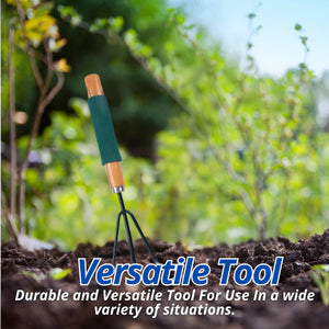 Manual hand rake used in vegetable garden.