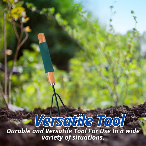 Manual hand rake used in vegetable garden.