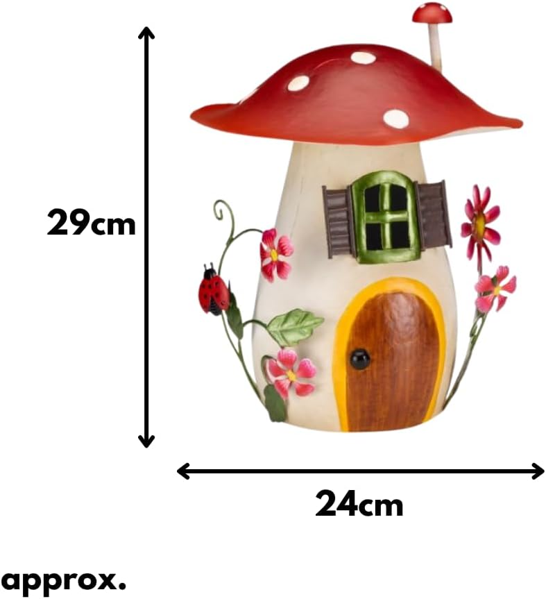 Hand-painted metal mushroom fairy house ornament