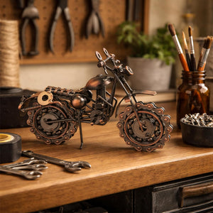 Handcrafted metal bike sculpture with moveable wheels