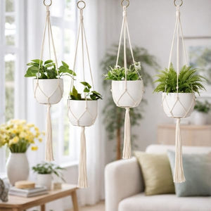 Macrame plant holder with metal hook.