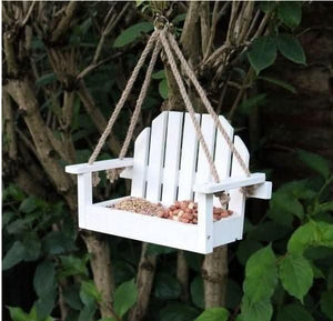 Hanging wooden bird feeder bench seat in white