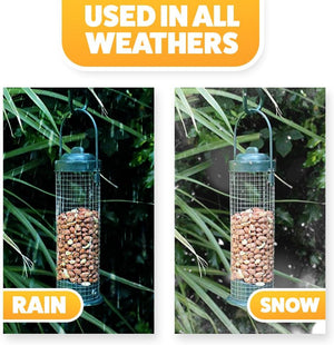 Plastic hanging bird feeder with easy-refill top.