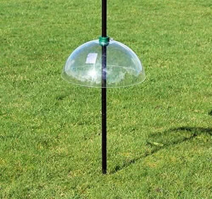 Clear squirrel guard positioned above a hanging feeder