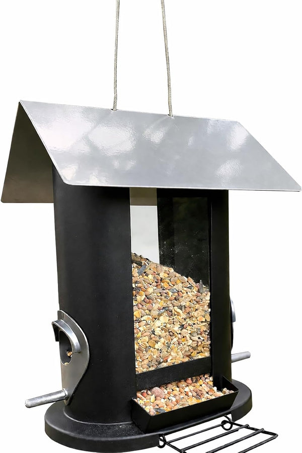 Weatherproof metal bird feeder with protective roof.