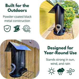 Outdoor metal feeding station for wild birds.