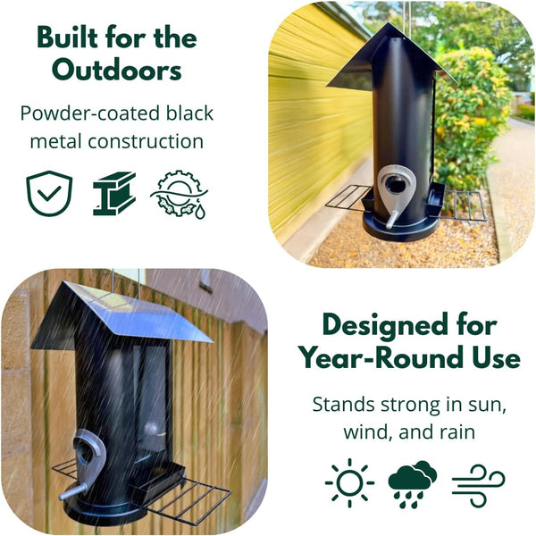 Outdoor metal feeding station for wild birds.