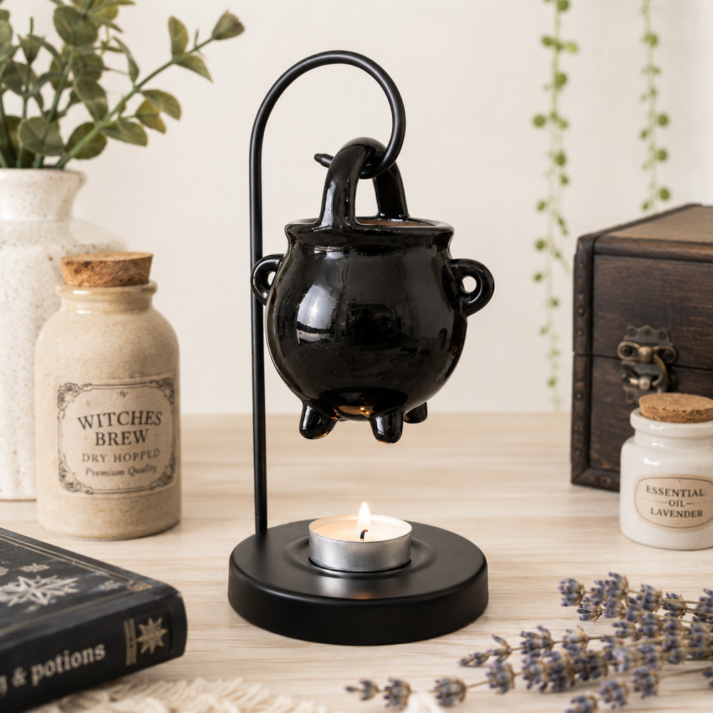 Black hanging cauldron oil burner with metal frame