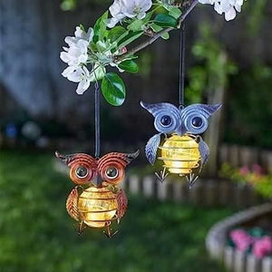Hanging owl solar garden light with four copper LEDs