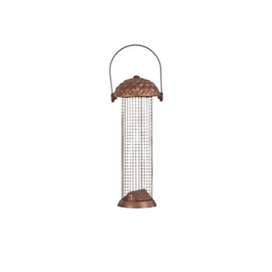 Acorn shaped hanging feeder filled with peanuts