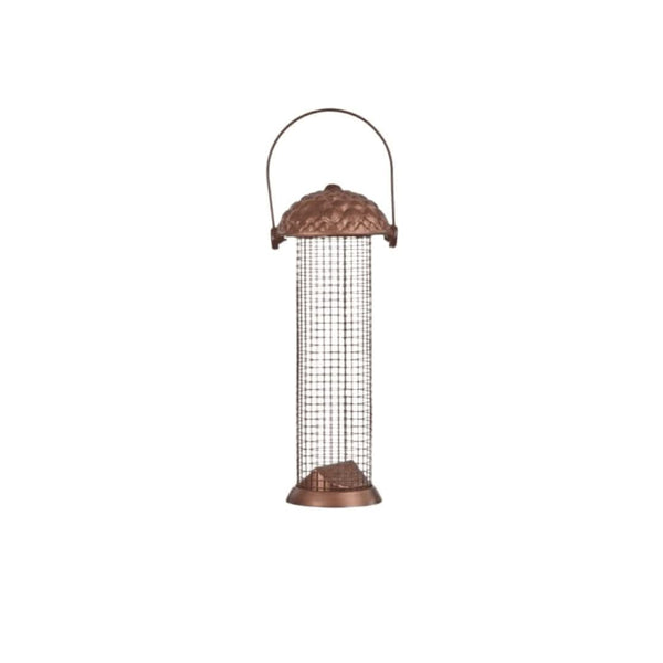 Acorn shaped hanging feeder filled with peanuts