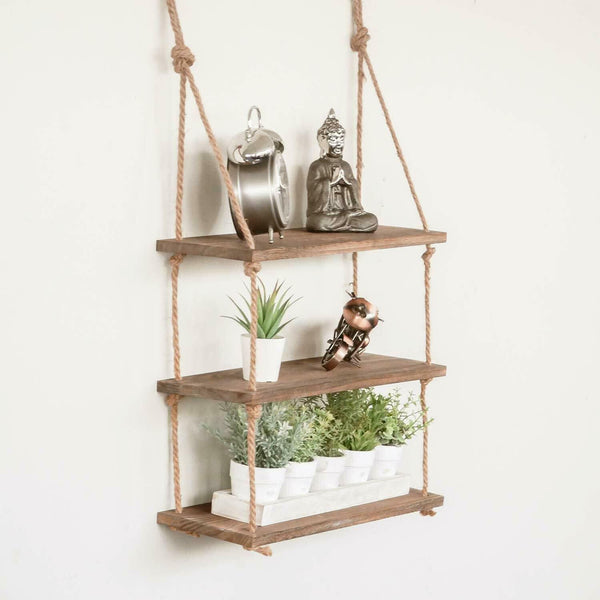 Adjustable wooden wall shelf with rope