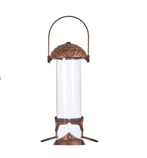 Acorn shaped hanging feeder filled with bird seed