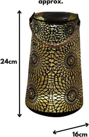 Decorative hanging garden lantern casting patterned shadows.