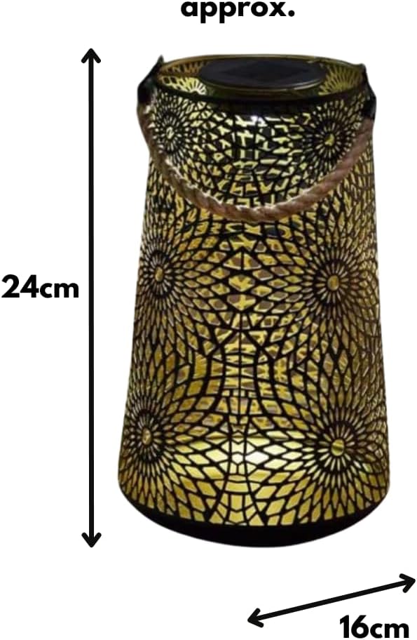 Decorative hanging garden lantern casting patterned shadows.