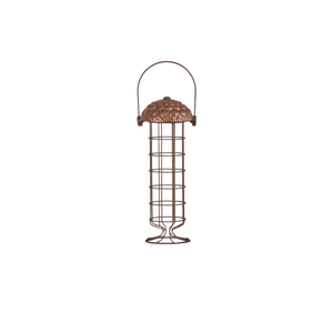 Acorn shaped hanging feeder filled with suet balls