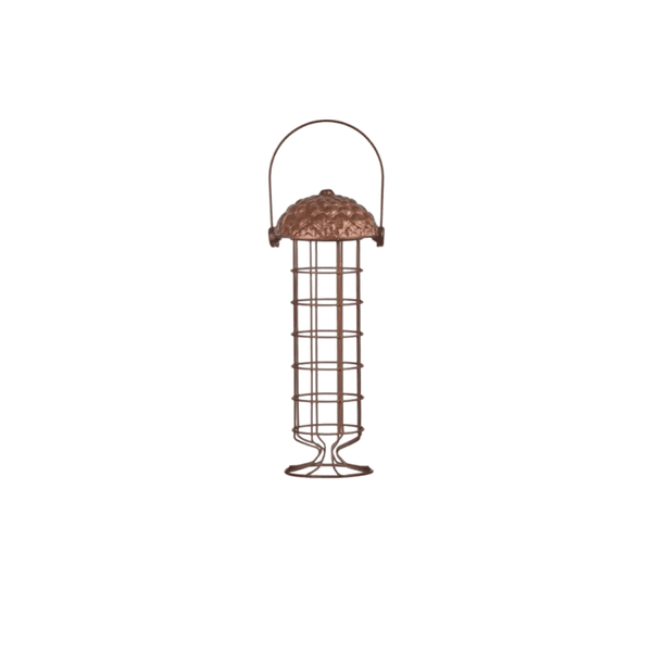 Acorn shaped hanging feeder filled with suet balls