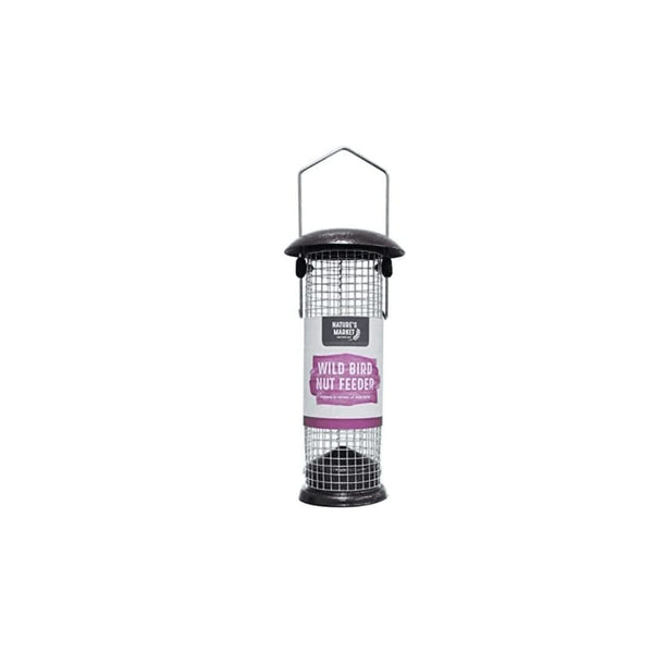 Hanging peanut bird feeder with attached metal hoop