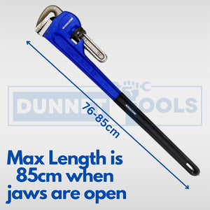 Heavy-duty carbon steel pipe wrench for plumbing.