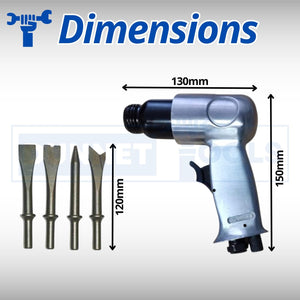 Air-powered hammer tool with interchangeable chisels.