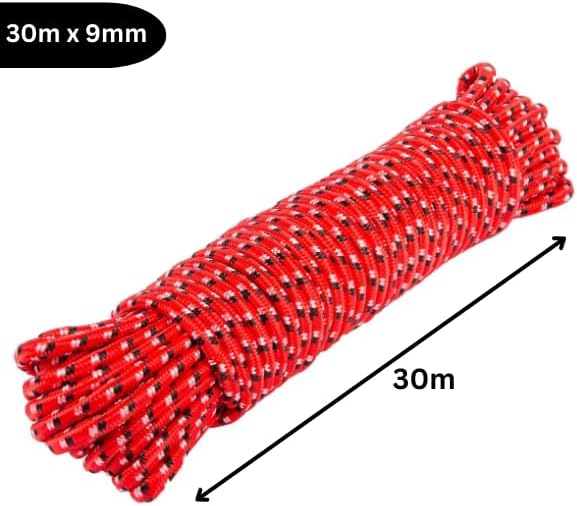 Red polypropylene braided rope on storage reel.