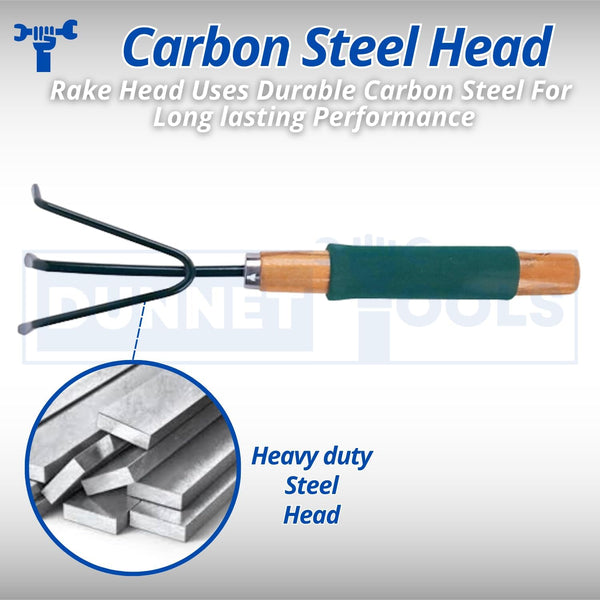 Heavy-duty hand rake for removing weeds.