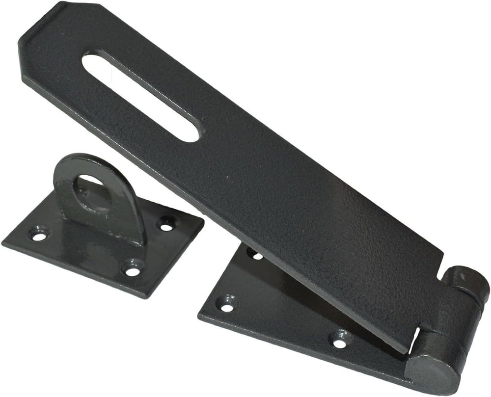Black heavy-duty hasp and staple security lock.