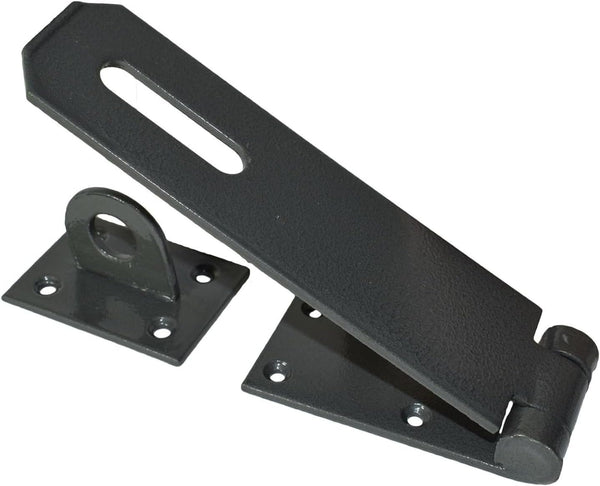 Black heavy-duty hasp and staple security lock.