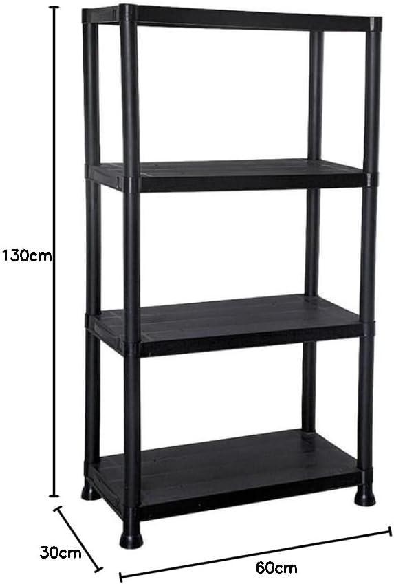 Black 4 tier plastic shelving unit for garage