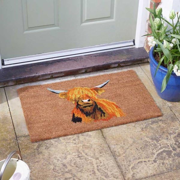 Highland Cow natural coir front door mat.