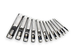Twelve-piece hollow hole punch set in assorted sizes.