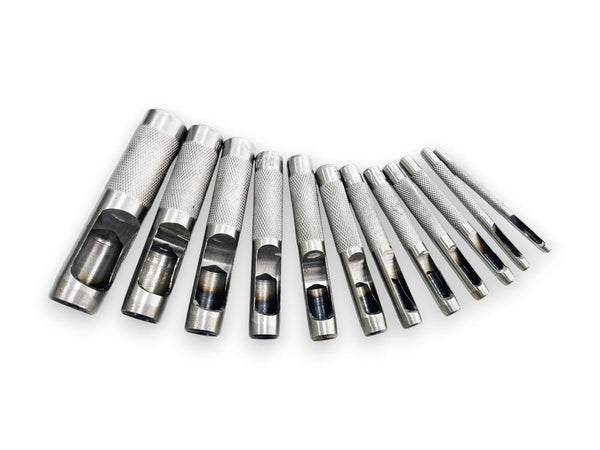 Twelve-piece hollow hole punch set in assorted sizes.