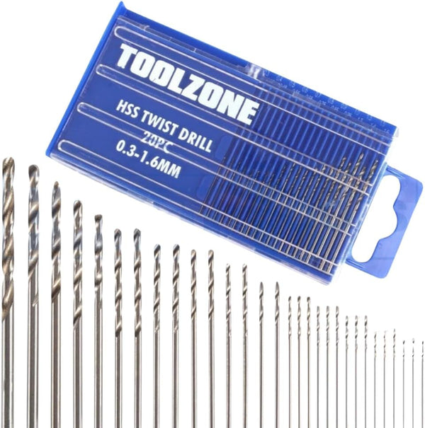 20-piece HSS micro drill bit set with pin vise.