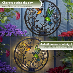 Solar-powered stained glass style garden wall light.