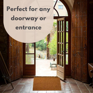 Brown weather resistant outdoor doormat.