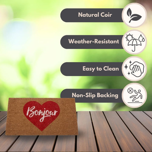 Indoor outdoor coir welcome mat with Bonjour design