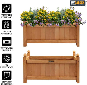 Durable wooden trough planter for outdoor gardening.