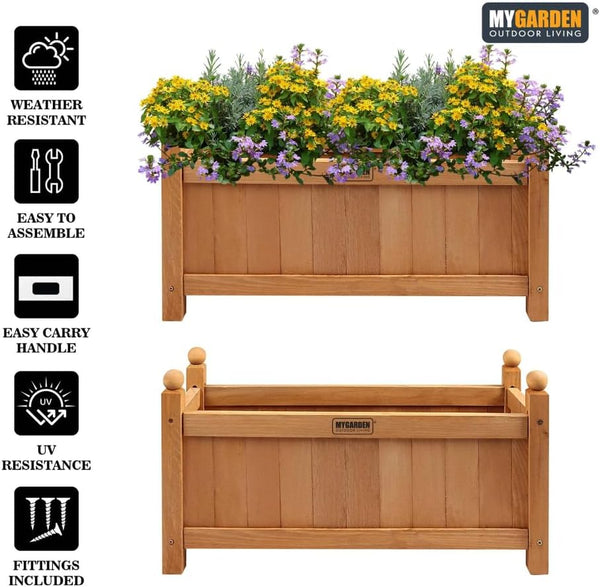 Durable wooden trough planter for outdoor gardening.