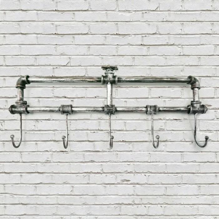 Industrial pipe wall mounted coat rack with five hooks