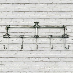 Industrial pipe wall mounted coat rack with five hooks