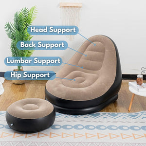 Air-filled lounge chair with repair kit.